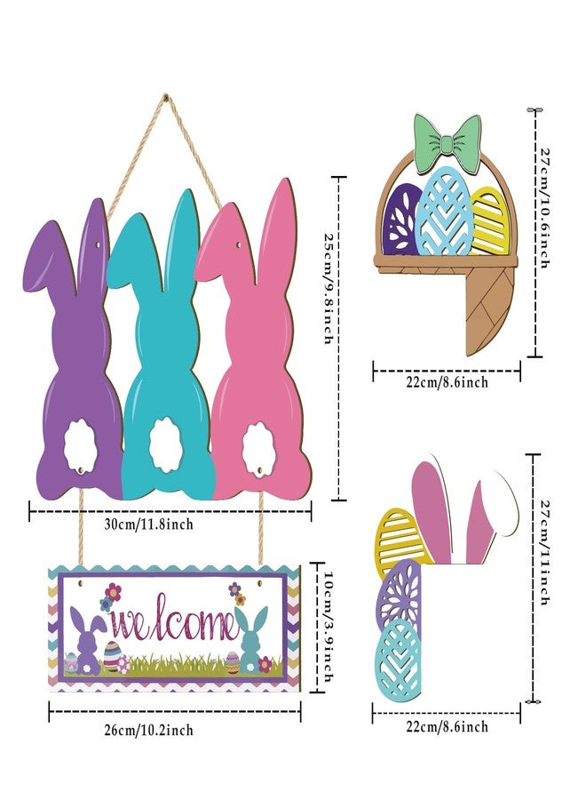 BWFY Welcome Easter Wreaths for Front Door Bunny Egg Door Sign Spring Decor,4Pcs Wooden Easter Hanger for Home Wall Front Porch Outdoor - Image 3