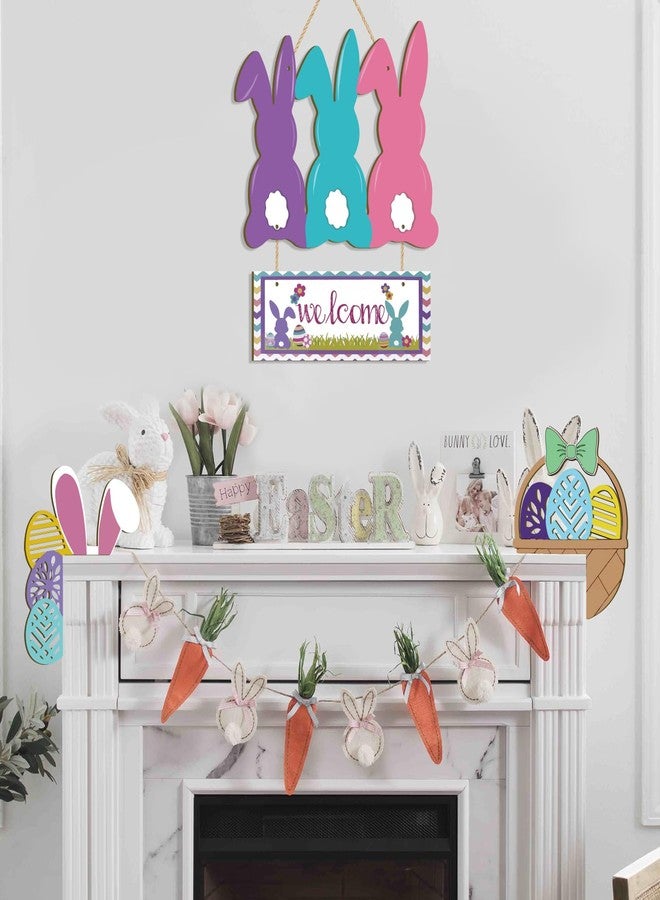 BWFY Welcome Easter Wreaths for Front Door Bunny Egg Door Sign Spring Decor,4Pcs Wooden Easter Hanger for Home Wall Front Porch Outdoor - Image 4