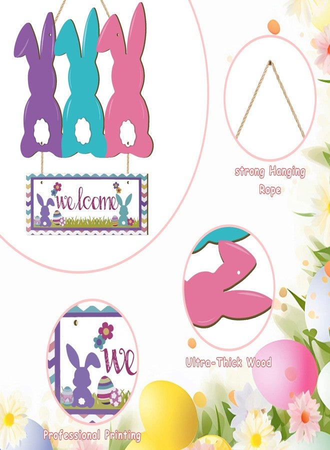 BWFY Welcome Easter Wreaths for Front Door Bunny Egg Door Sign Spring Decor,4Pcs Wooden Easter Hanger for Home Wall Front Porch Outdoor - Image 2