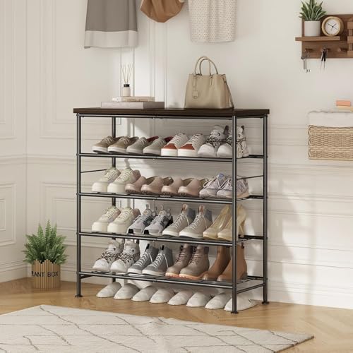 Snazzy Shoe Rack Organizer 5 Tier Free Standing Metal Shoe Storage Shelf with MDF Top Board Black+Rustic Brown - Image 5