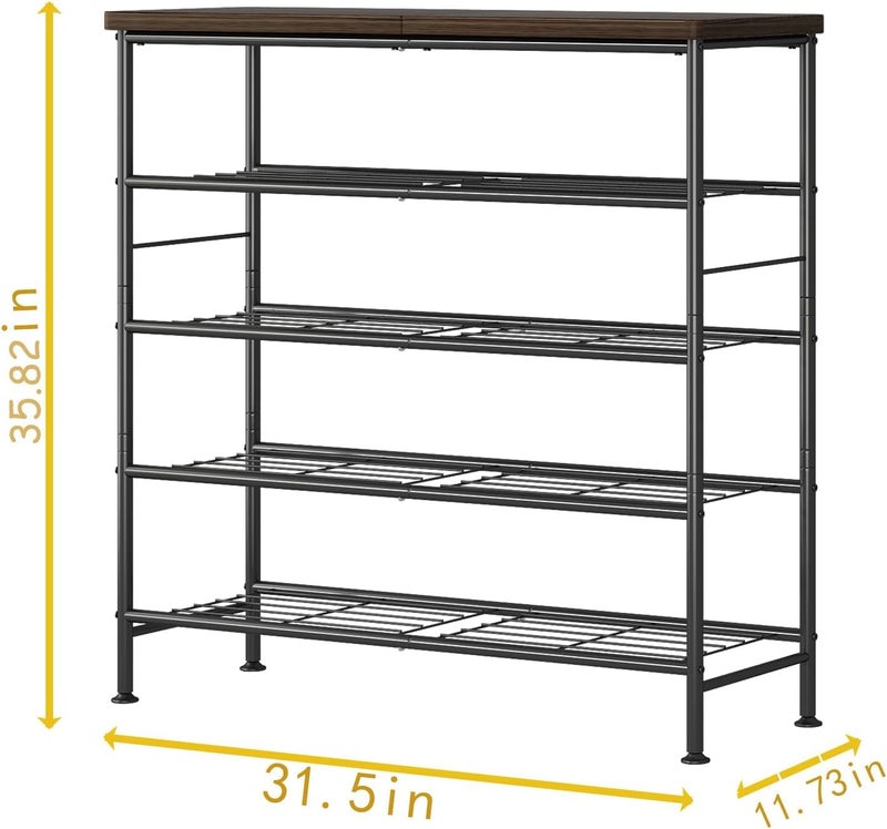 Snazzy Shoe Rack Organizer 5 Tier Free Standing Metal Shoe Storage Shelf with MDF Top Board Black+Rustic Brown - Image 3