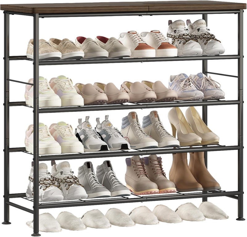 Snazzy Shoe Rack Organizer 5 Tier Free Standing Metal Shoe Storage Shelf with MDF Top Board Black+Rustic Brown - Image 1