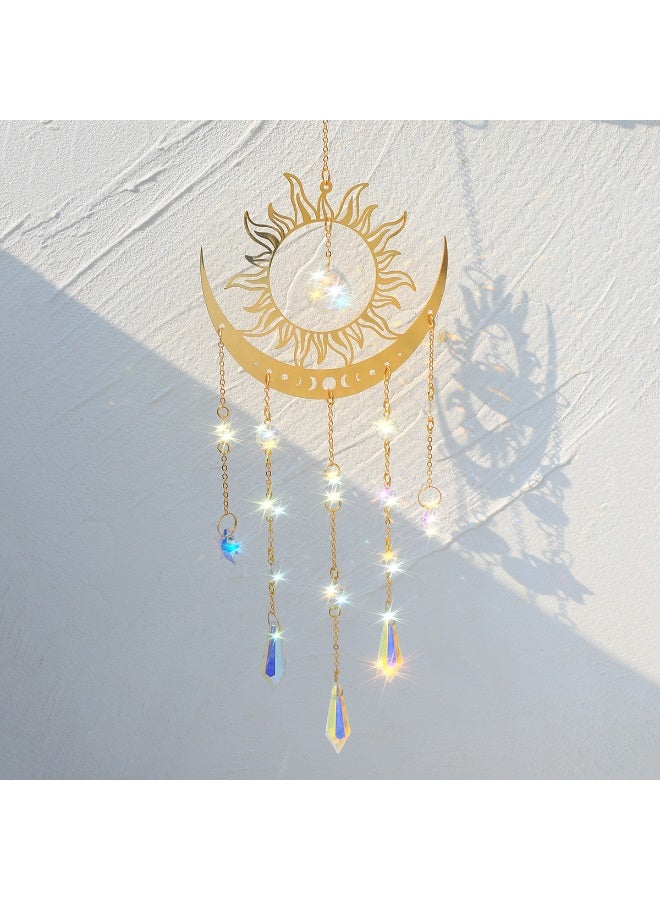 حلية معلقة بشكل الشمس والقمر بكريستال لامع، زخرفة بوهيمية ذهبية للنافذة أو الجدار أو زاوية التأمل - Image 2