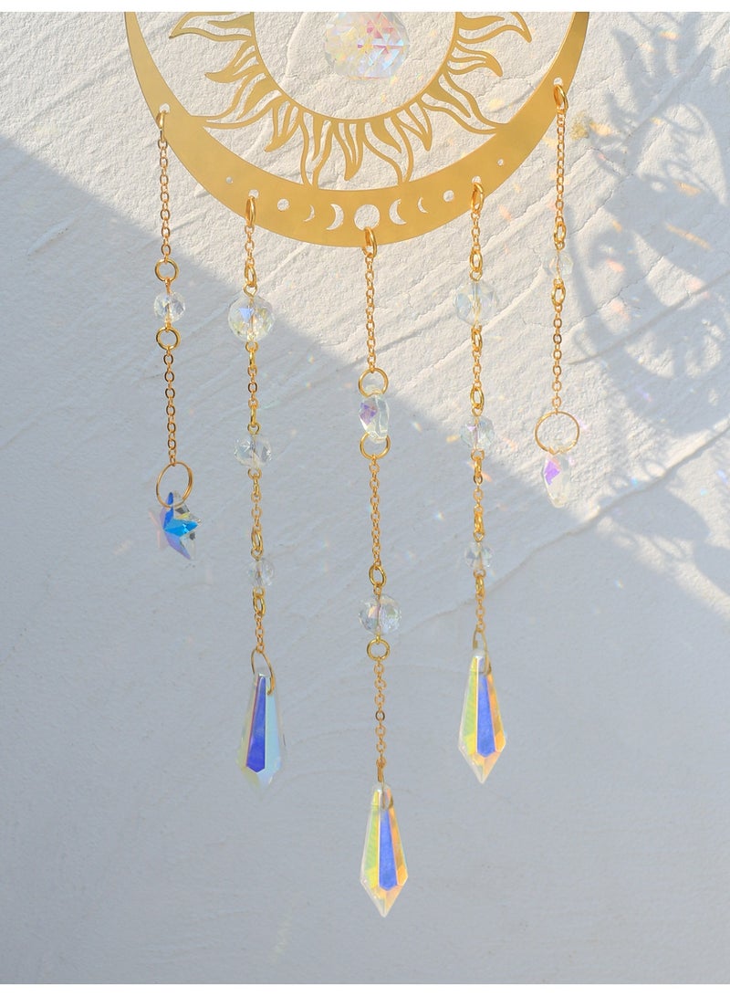 حلية معلقة بشكل الشمس والقمر بكريستال لامع، زخرفة بوهيمية ذهبية للنافذة أو الجدار أو زاوية التأمل - Image 3