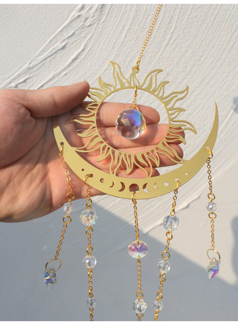 حلية معلقة بشكل الشمس والقمر بكريستال لامع، زخرفة بوهيمية ذهبية للنافذة أو الجدار أو زاوية التأمل - Image 4