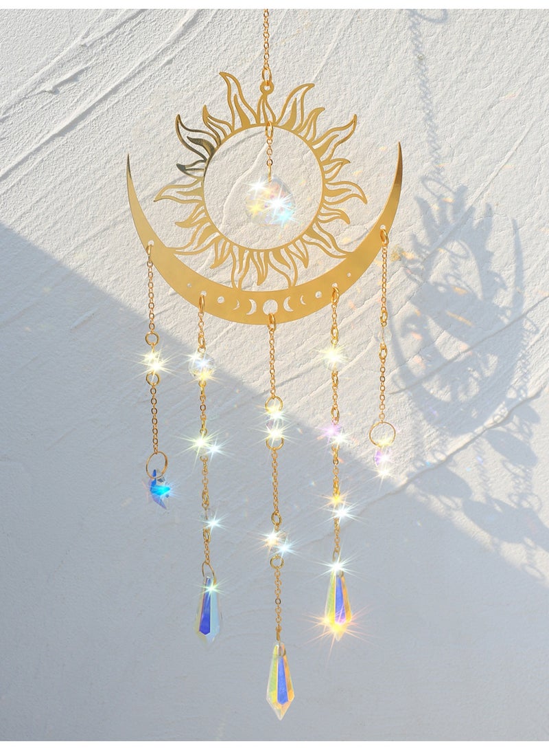 حلية معلقة بشكل الشمس والقمر بكريستال لامع، زخرفة بوهيمية ذهبية للنافذة أو الجدار أو زاوية التأمل - Image 1
