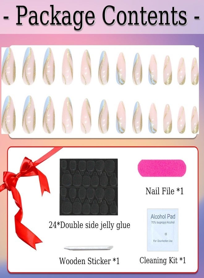 شيري بوكس مجموعة أظافر صناعية قابلة لإعادة الاستخدام من تشيري بوكس، ٢٤ قطعة | خفيفة الوزن وتدوم طويلاً | سهلة الاستخدام | حل سريع للمهرجانات والمناسبات الخاصة للنساء والفتيات (تتضمن ملصقات لاصقة وغراء) وردي أزرق بخطوط ذهبية - Image 4