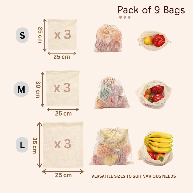 GREENTWISH 100 Cotton Vegetable Bags Fridge Net Bag Ecofriendly Natural White Washable Reusable Drawstring Zip Bags For Food Storage Multipurpose Kitchen Grocery Organizer Pack of 9 Bags - Image 2