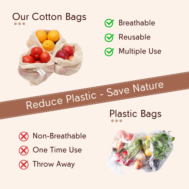 GREENTWISH 100 Cotton Vegetable Bags Fridge Net Bag Ecofriendly Natural White Washable Reusable Drawstring Zip Bags For Food Storage Multipurpose Kitchen Grocery Organizer Pack of 9 Bags - Image 5