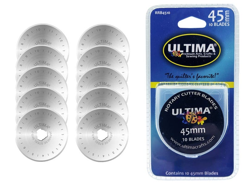 Ultima 45mm Rotary Cutter Blades  10 Blades Per Pack  Fits Most Rotary Cutters Including Fiskars Olfa Martelli and TrueCut  Cuts Quilting Fabric Leather and More