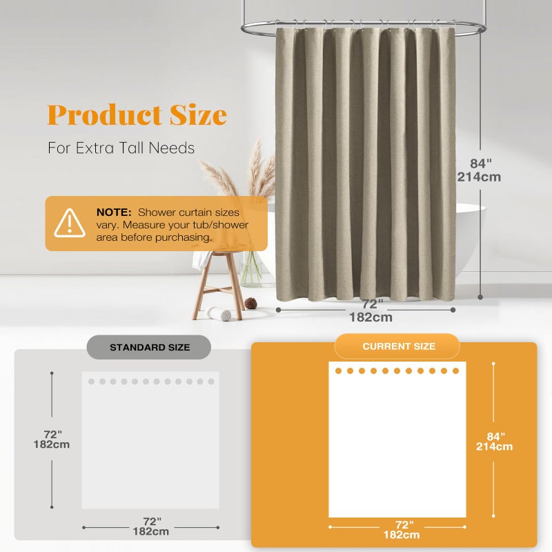 BTTN Extra Long Shower Curtain - 72 x 84 Inch Long Linen Textured Heavy Duty Fabric Shower Curtain Set with 12 Plastic Hooks, Large Hotel Spa Luxury Waterproof Shower Curtains for Bathroom - Khaki/Tan - Image 3