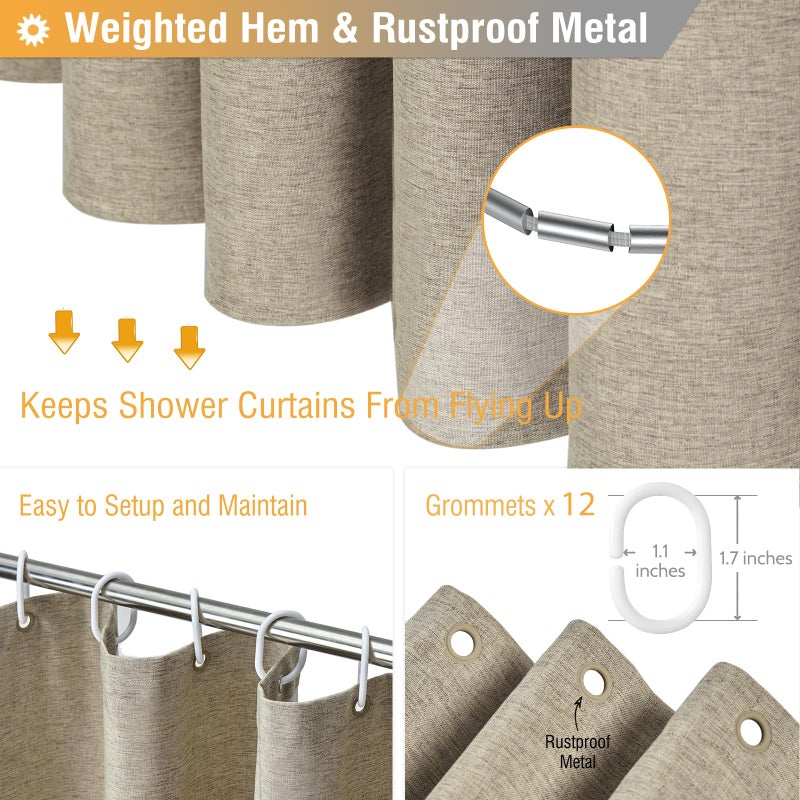 BTTN Extra Long Shower Curtain - 72 x 84 Inch Long Linen Textured Heavy Duty Fabric Shower Curtain Set with 12 Plastic Hooks, Large Hotel Spa Luxury Waterproof Shower Curtains for Bathroom - Khaki/Tan - Image 5