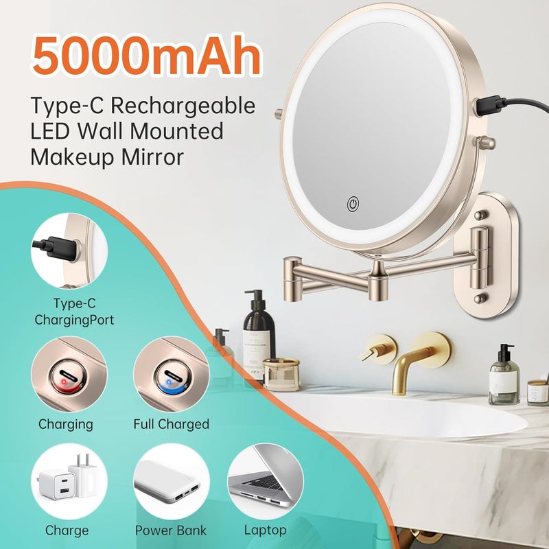 FUNTOUCH Rechargeable Makeup Mirror with Light, Double-Sided, 1X/30X Magnification, 3 Colours, Touch Screen, Dimmable, Expandable Arm, Wall Mounted - Image 2