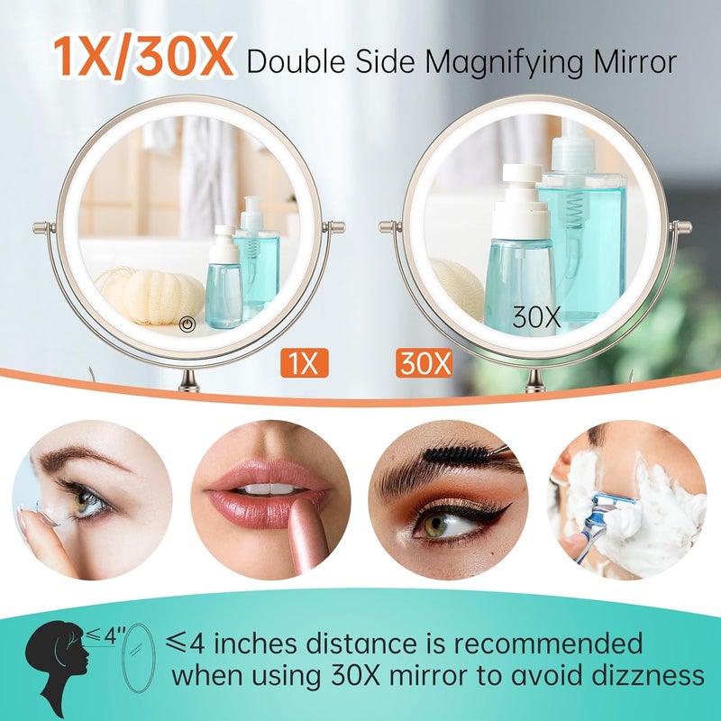 FUNTOUCH Rechargeable Makeup Mirror with Light, Double-Sided, 1X/30X Magnification, 3 Colours, Touch Screen, Dimmable, Expandable Arm, Wall Mounted - Image 4