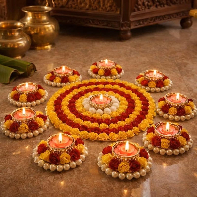 AGAAS Reusable Rangoli with Tealight Diyas, Set of 9 Diwali Floor Decor - Image 1