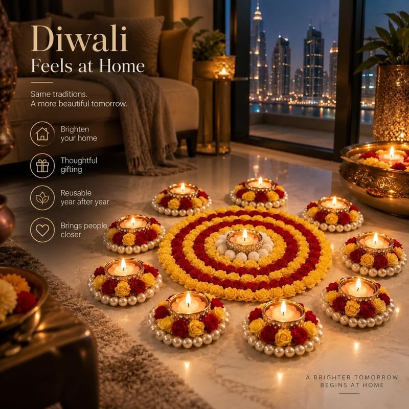 AGAAS Reusable Rangoli with Tealight Diyas, Set of 9 Diwali Floor Decor - Image 3
