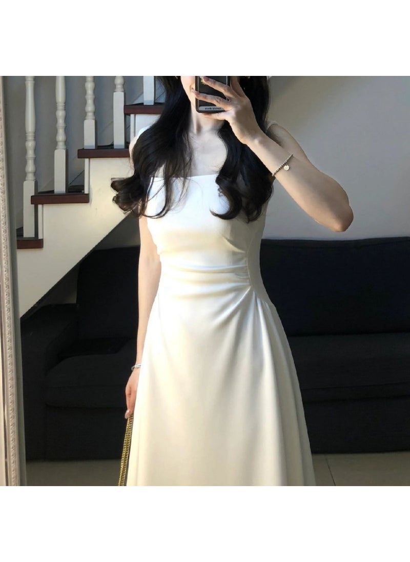 Generic Elegant French Style White Sleeveless Wrap Waist Strap Dress For Women Base Layer Spring Summer Long Dress Female Children White 