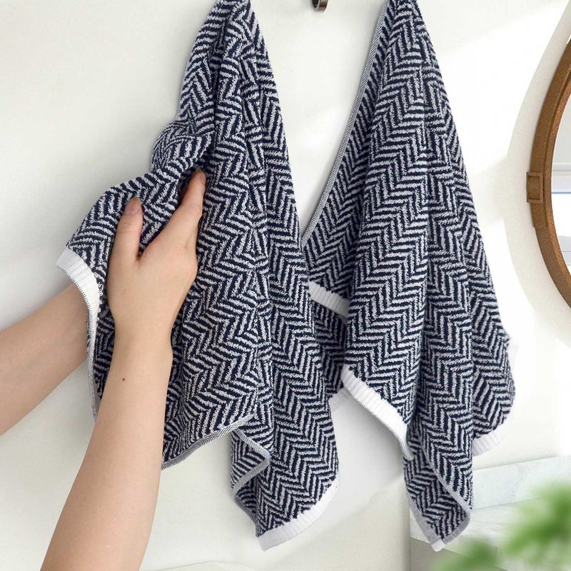 Cleanbear Hand Towels for Bathroom Set of 4 - Herringbone Stripes, 13 x 28 Inches, 3.5 oz per Towel, Lightweight for Quick Drying, Navy Blue, Highly Absorbent - Image 4