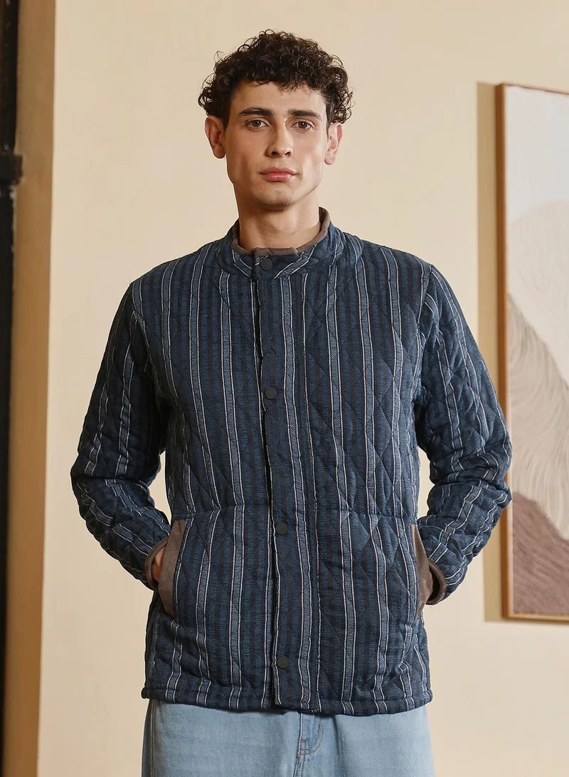 Campus Sutra Men's Woven-Striped Quilted Jacket | Stand Collar , Long Regular Sleeves , Flap-Button Closure , Straight Hem | Stripes Woven Quilted For Casual & Daily | Midnight Blue