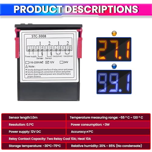 amiciSmart Digital Temperature Controller DC 12V Thermostat with Dual 10A Relay Outputs for Precise Heating and Cooling Control - Image 2