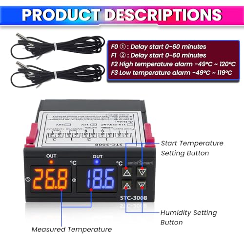 amiciSmart Digital Temperature Controller DC 12V Thermostat with Dual 10A Relay Outputs for Precise Heating and Cooling Control - Image 3