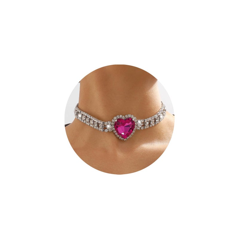Aktully Rhinestone Pink Heart Necklace for Women Hot Pink Choker Necklace Chunky Heart Necklace Crystal Heart Choker Necklace Prom Necklaces Heart Tennis Necklace for Women Birthday Party Wedding Jewelry Accessories (Silver) - Image 1