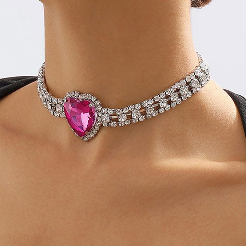 Aktully Rhinestone Pink Heart Necklace for Women Hot Pink Choker Necklace Chunky Heart Necklace Crystal Heart Choker Necklace Prom Necklaces Heart Tennis Necklace for Women Birthday Party Wedding Jewelry Accessories (Silver) - Image 3