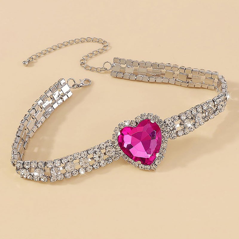Aktully Rhinestone Pink Heart Necklace for Women Hot Pink Choker Necklace Chunky Heart Necklace Crystal Heart Choker Necklace Prom Necklaces Heart Tennis Necklace for Women Birthday Party Wedding Jewelry Accessories (Silver) - Image 5