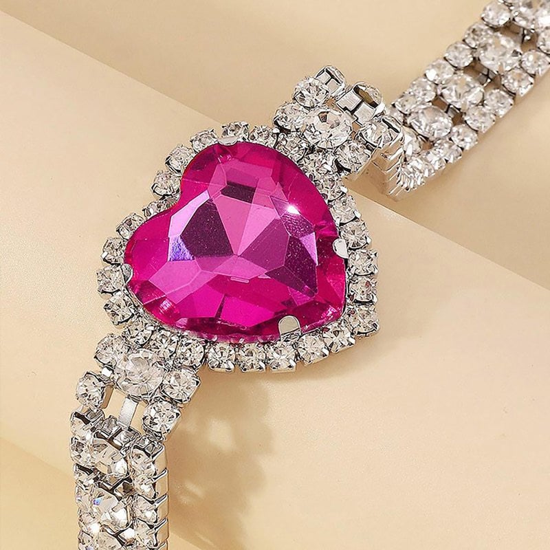 Aktully Rhinestone Pink Heart Necklace for Women Hot Pink Choker Necklace Chunky Heart Necklace Crystal Heart Choker Necklace Prom Necklaces Heart Tennis Necklace for Women Birthday Party Wedding Jewelry Accessories (Silver) - Image 4
