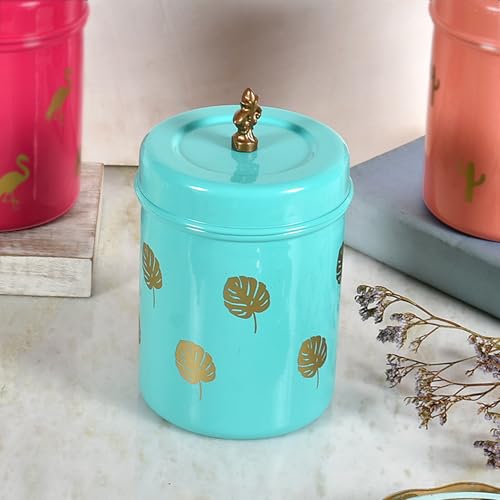 Elan Stainless Steel Food Storage Canister,800ml,Cookies Box,Kitchen Staples Storage Jar-Leaf Print -Aqua Color - Image 2