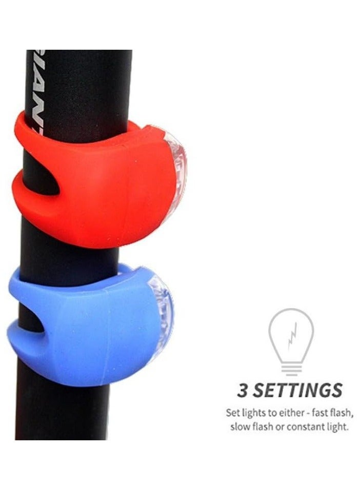 طقم إضاءة دراجة هوائية - 4 قطع: مجموعة أضواء الدراجة السيليكونية LED، تحتوي على 2 مصباح أمامي و2 مصباح خلفي (أحمر وأبيض). - Image 4