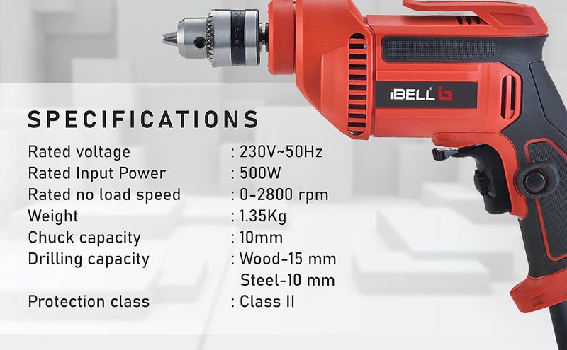 IBELL Electric Drill Machine ED1030 Chuck 10mm 500W Copper Armature 2800RPM ForwardReverse for Wood Metal Work with Variable Speed Control - Image 2