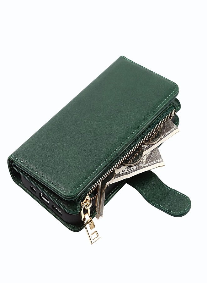 Jaorty Wallet Case for iPhone 13/14 Case,[9 Card Slots] [Wrist Strap] [Stand Feature] Zipper Cash Pocket Magnetic Leather Cover Shockproof Case for iPhone 13,6.1 inch Dark Green - Image 4
