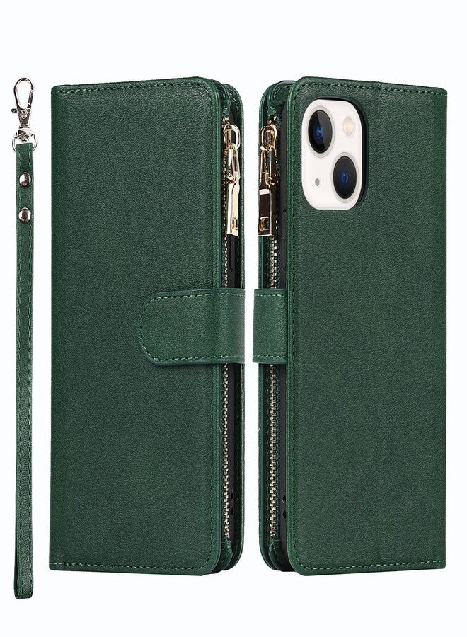 Jaorty Wallet Case for iPhone 13/14 Case,[9 Card Slots] [Wrist Strap] [Stand Feature] Zipper Cash Pocket Magnetic Leather Cover Shockproof Case for iPhone 13,6.1 inch Dark Green - Image 2