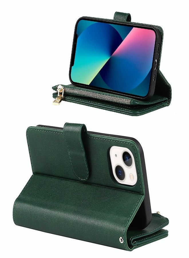 Jaorty Wallet Case for iPhone 13/14 Case,[9 Card Slots] [Wrist Strap] [Stand Feature] Zipper Cash Pocket Magnetic Leather Cover Shockproof Case for iPhone 13,6.1 inch Dark Green - Image 3