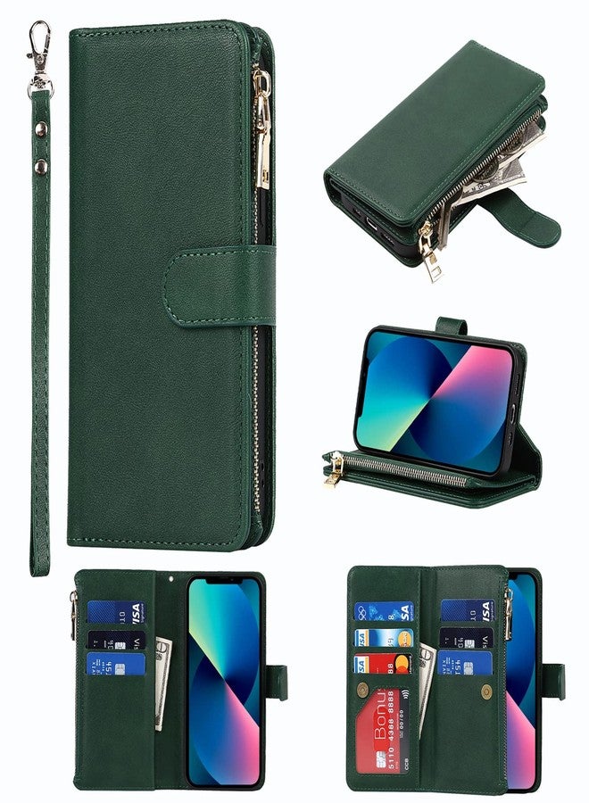 Jaorty Wallet Case for iPhone 13/14 Case,[9 Card Slots] [Wrist Strap] [Stand Feature] Zipper Cash Pocket Magnetic Leather Cover Shockproof Case for iPhone 13,6.1 inch Dark Green - Image 1