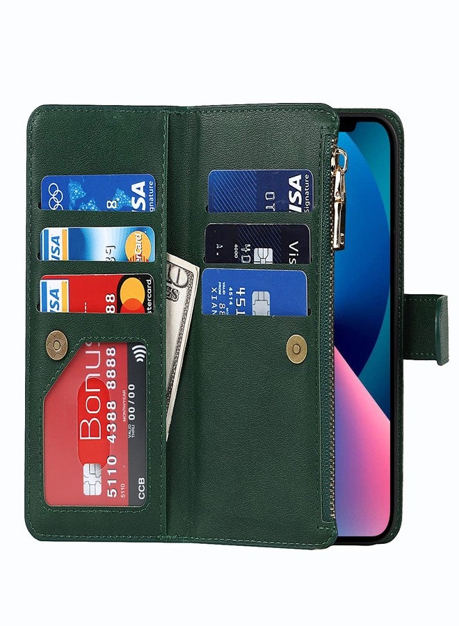 Jaorty Wallet Case for iPhone 13/14 Case,[9 Card Slots] [Wrist Strap] [Stand Feature] Zipper Cash Pocket Magnetic Leather Cover Shockproof Case for iPhone 13,6.1 inch Dark Green - Image 5