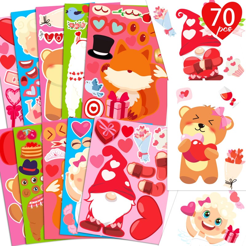 Moon Boat 70Sheets Valentines Stickers Crafts for Kids MakeALlamaBearFoxCupidGnome Face Sticker Valentines Day Gifts Goodie Bag Stuffer School Classroom Activity Games Party Favors Small Size - Image 2