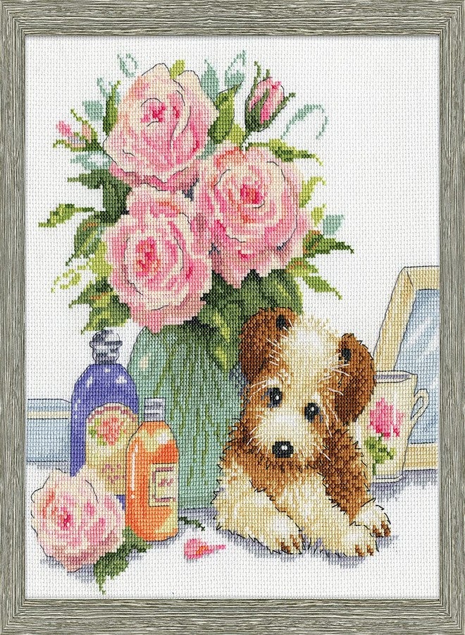 DesignWorks Ink Design Works Crafts Puppy with Roses Counted Cross Stitch Kit, White, by The Yard - Image 1