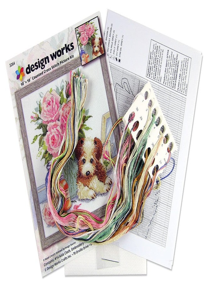DesignWorks Ink Design Works Crafts Puppy with Roses Counted Cross Stitch Kit, White, by The Yard - Image 3