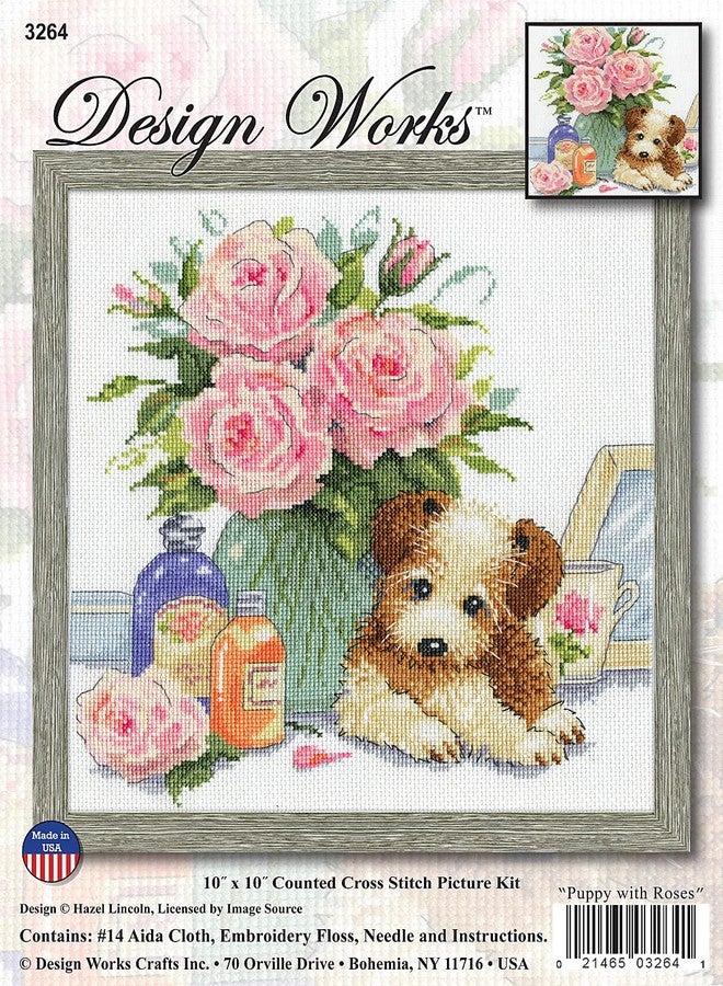 DesignWorks Ink Design Works Crafts Puppy with Roses Counted Cross Stitch Kit, White, by The Yard - Image 2