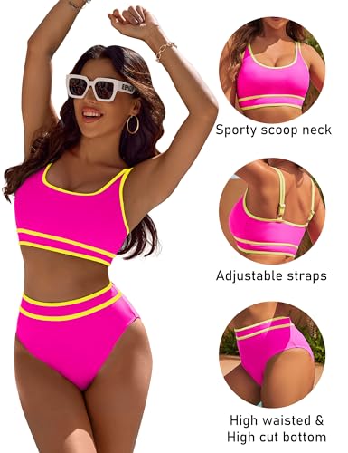BMJL Women's High Waisted Bikini Sets Sporty Two Piece Swimsuits Color Block Cheeky High Cut Bathing Suits(M,Rose Red) - Image 3