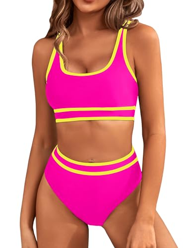 BMJL Women's High Waisted Bikini Sets Sporty Two Piece Swimsuits Color Block Cheeky High Cut Bathing Suits(M,Rose Red) - Image 1
