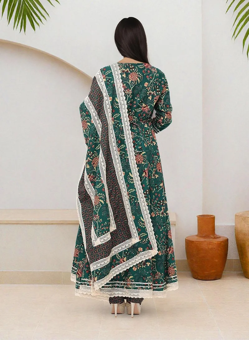ISHIN Women's Green 100% Cotton Embellished Tunic Full Length Casual Straight Fit Kurta Set