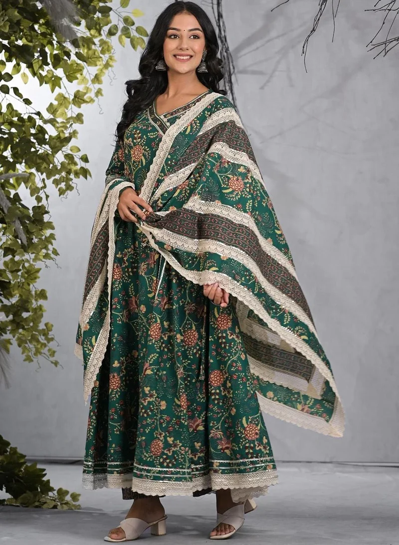 ISHIN Women's Green 100% Cotton Embellished Tunic Full Length Casual Straight Fit Kurta Set