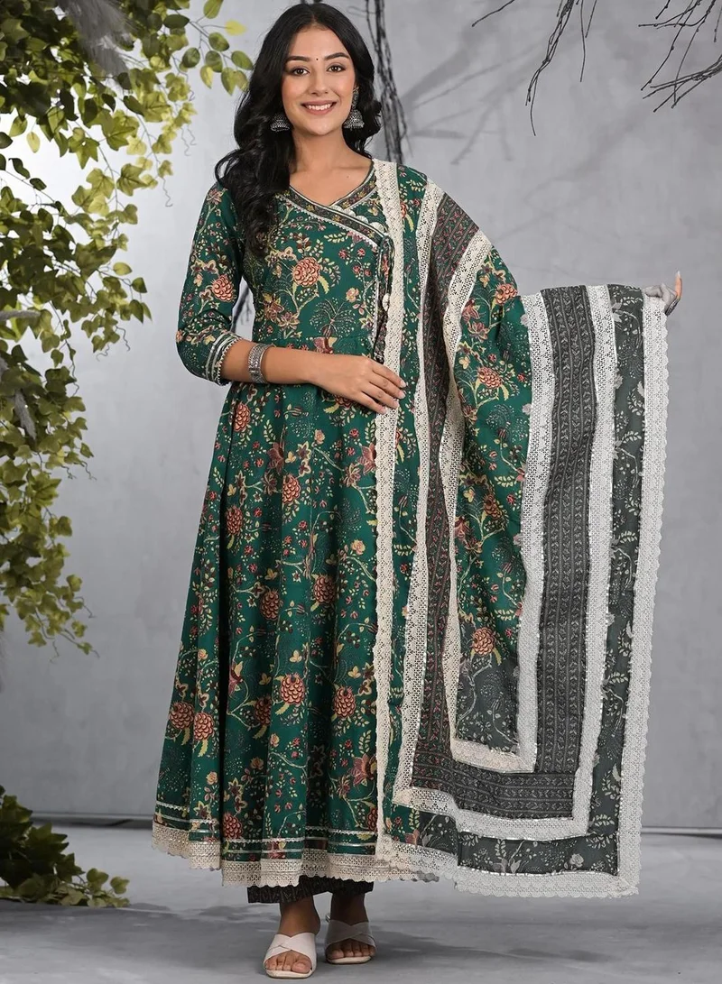 ISHIN Women's Green 100% Cotton Embellished Tunic Full Length Casual Straight Fit Kurta Set