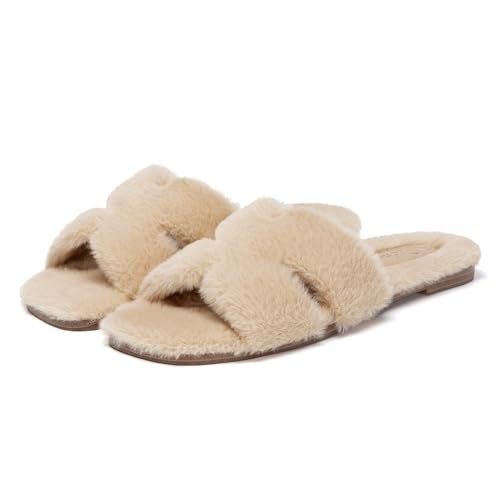 Athlefit Women's Fuzzy Slippers Cute Comfy Fluffy Open Toe Slip-on House Slide Slippers for Indoor Bedroom Bridesmaid, Khaki, Size 8, AD01354 - Image 5