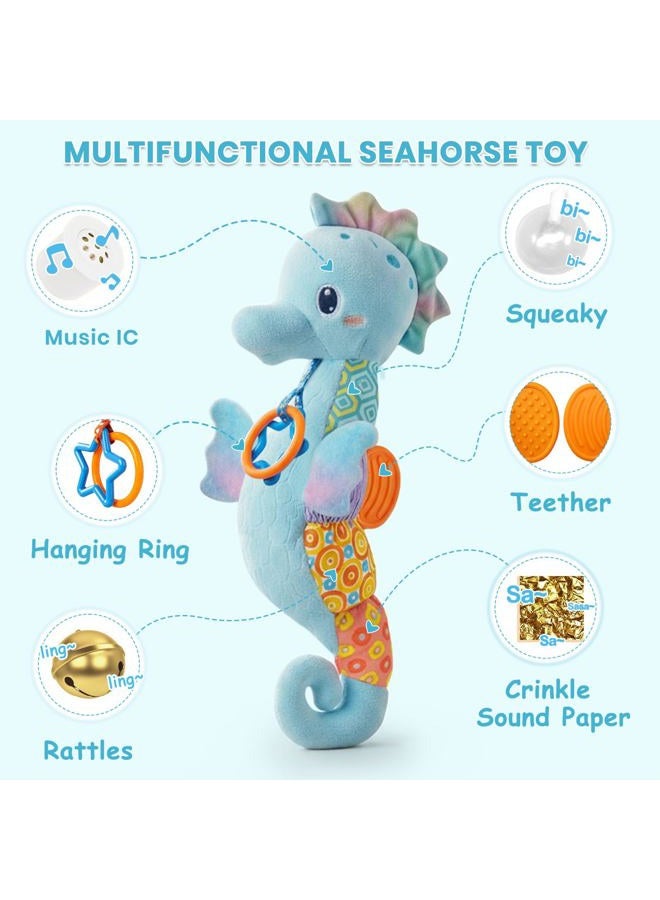 Coqin Baby Toys 0-6 Months,Infant Musical Seahorse Stuffed Animals Sensory Toys with Bright Colors,Multiple Textures,Rattles & Crinkle Sound Paper,Soft Tummy Time Toy for Newborn Boys Girls 0-12 Months-Blue - Image 2
