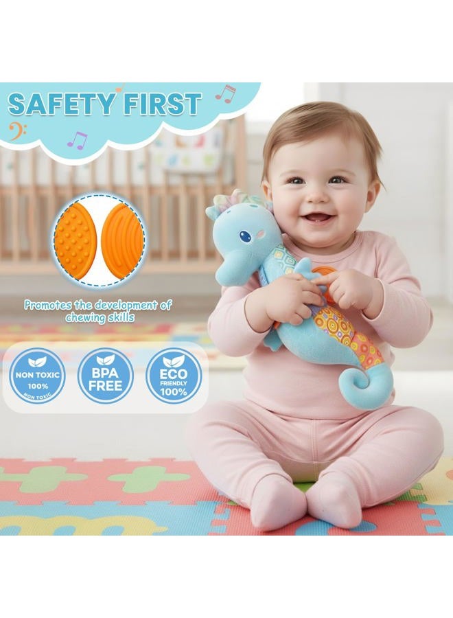 Coqin Baby Toys 0-6 Months,Infant Musical Seahorse Stuffed Animals Sensory Toys with Bright Colors,Multiple Textures,Rattles & Crinkle Sound Paper,Soft Tummy Time Toy for Newborn Boys Girls 0-12 Months-Blue - Image 4