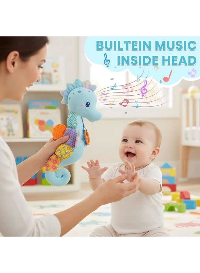 Coqin Baby Toys 0-6 Months,Infant Musical Seahorse Stuffed Animals Sensory Toys with Bright Colors,Multiple Textures,Rattles & Crinkle Sound Paper,Soft Tummy Time Toy for Newborn Boys Girls 0-12 Months-Blue - Image 3